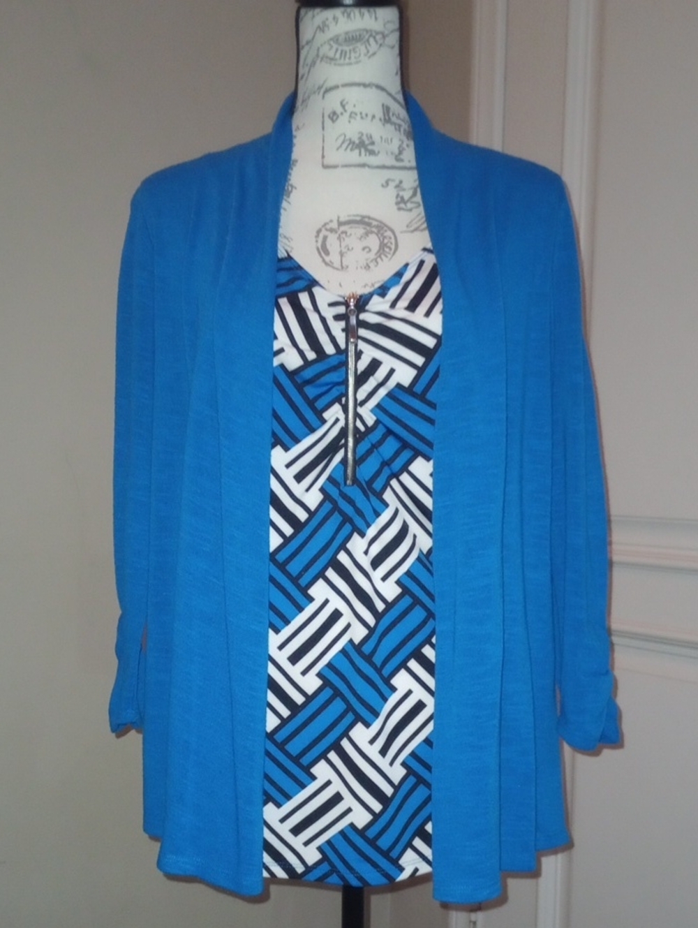 Elementz Electric Blue Open-Front Cardigan with Blue & White Geometric Tank